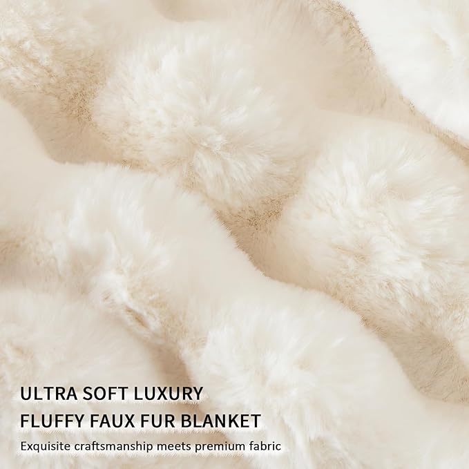 Cozy Faux Fur Throw Blanket for Couch-Warm Fuzzy Throw Blanket, Soft Plush Thick Bubble Blankets for Bedroom and Living Room, Furry Luxury Blanket, 50 x 60, Cream