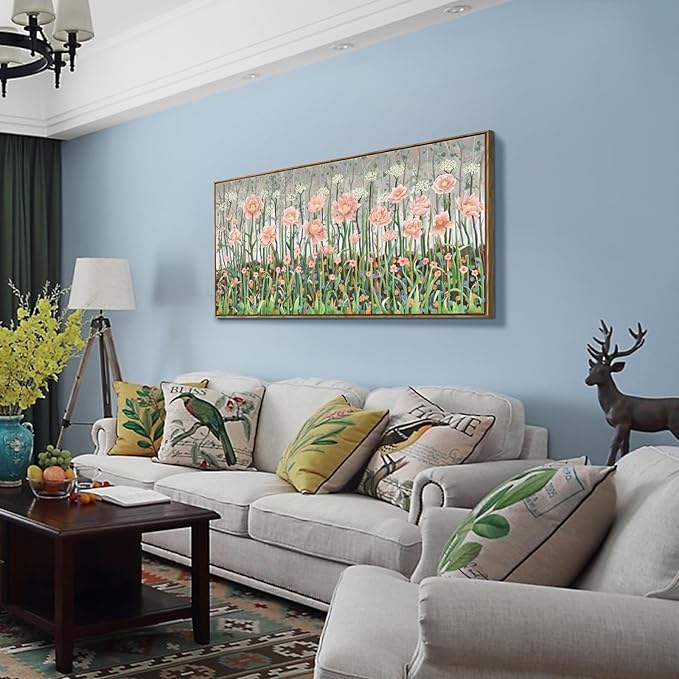 amatop Framed Large Floral Wall Art Modern Botanical Canvas Print Flower Field Wall Decor Abstract Landscape Picture Blooming Flower Forest Pink Green Artwork for Living Room Bedroom Office 48x24 in