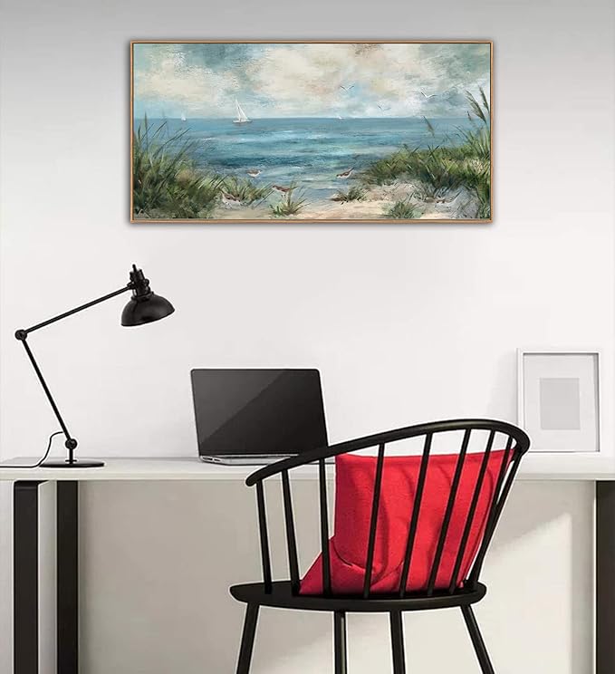 Sea Beach Vintage Seascape Canvas Prints Wall Decor Ocean Sailboat Seagull Beach Bird Reed Canvas Painting Artwork Living Room Bedroom Decoration Natural Framed