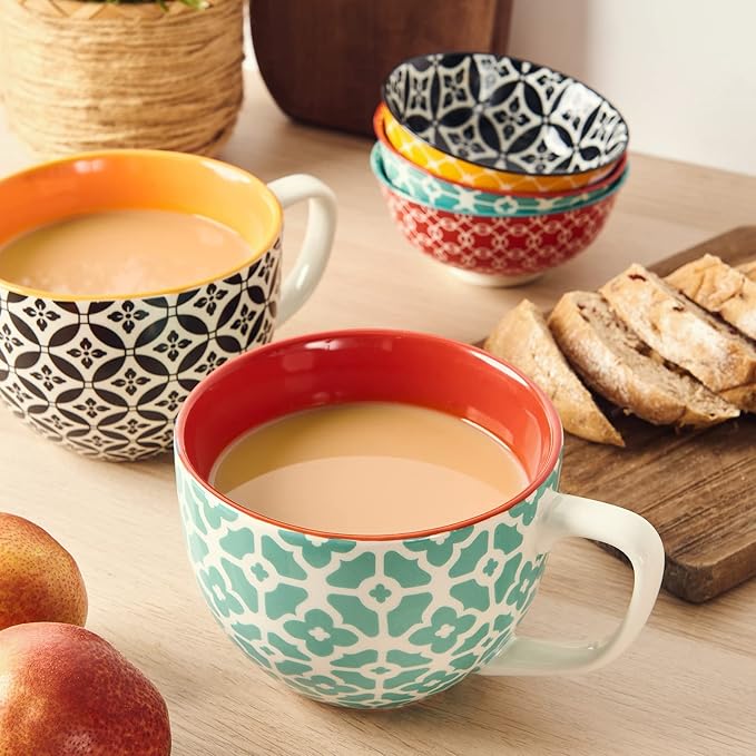 DOWAN Coffee Mugs Set of 4, 24 oz Large Coffee Mugs, Jumbo Soup Mugs With Handles, Ceramic Coffee Cups for Coffee Cereal Latte for Men Women, Housewarming Wedding Gift, Vibrant Colors