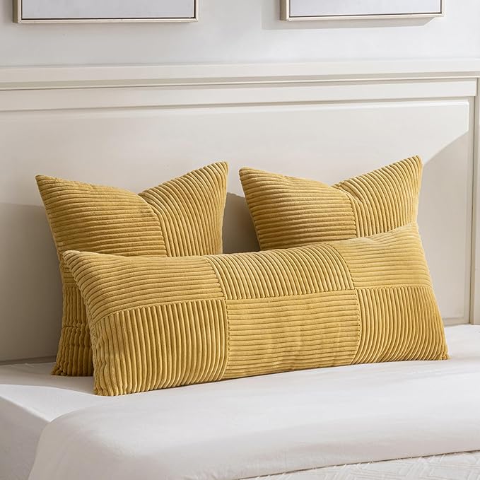 Fancy Homi 2 Packs Mustard Yellow Lumbar Decorative Throw Pillow Covers 16x32 Inch for Living Room Couch Bed, Rustic Farmhouse Boho Home Decor, Soft Striped Corduroy Rectangle Accent Cushion Case