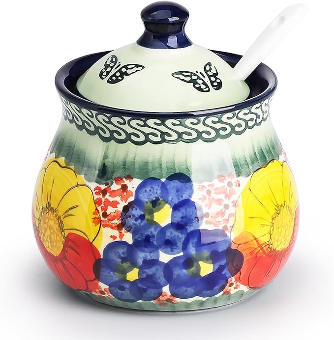 silesia Handmade Sugar Bowl with Lid and Spoon, 9 Ounce Ceramic Hand-Painted Sugar Jar for Home in Gift Box, Kitchen Decor, Oven, Dishwasher & Microwave Safe, Glazed Green