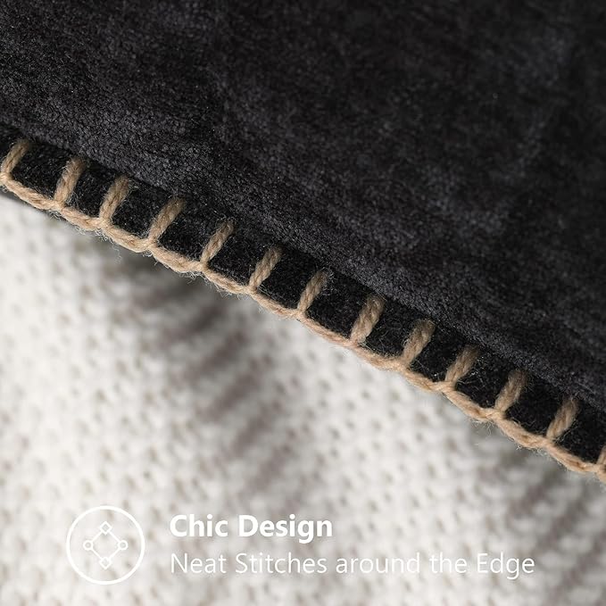 decorUhome Chenille Soft Throw Pillow Covers 12x20 Set of 2, Lumbar Velvet Farmhouse Neutral Decorative Euro Pillow Covers with Stitched Edge for Couch Sofa Bed Home Decor, Black