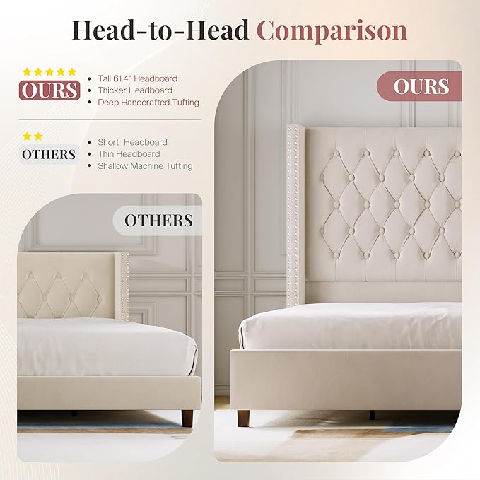 PaPaJet Queen Size Bed Frame with 61.4" Tall Headboard, Velvet Modern Upholstered Tufted Bed for Adults, Handmade Deep Button Tufting, Solid Wood Legs, No Box Spring Required, Cream