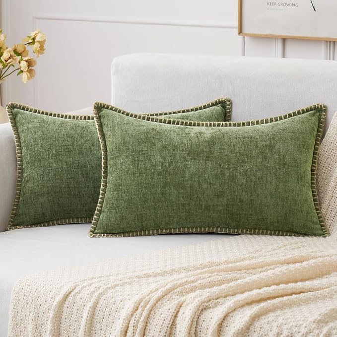 MIULEE Pack of 2 Couch Throw Pillow Covers 12x20 Inch Sage Green Farmhouse Decorative Pillow Covers with Stitched Edge Soft Chenille Solid Dyed Spring Pillow Covers for Sofa Bed Living Room