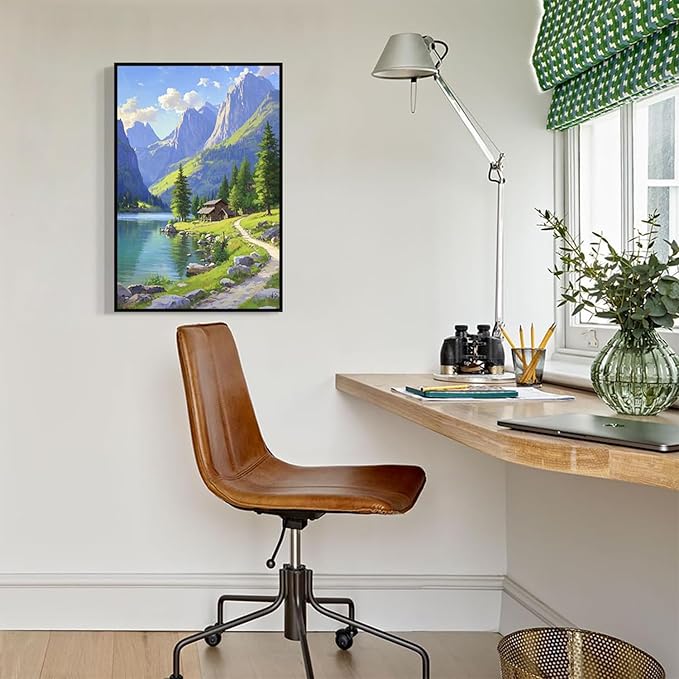 Landscape wall painting of mountain forest lakeside cabin under blue sky and white clouds natural oil painting poster suitable for living room bedroom office