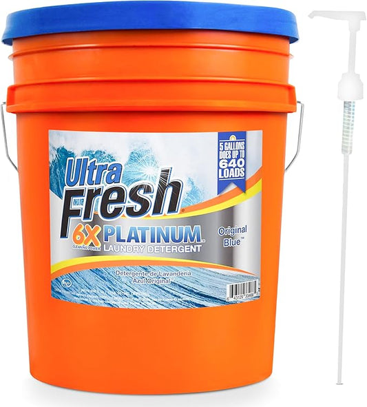 Ultra Fresh 5 Gallon Liquid Laundry Detergent Washing Soap for All Machine Types, 6X Platinum, Up to 640 Loads, Original Blue