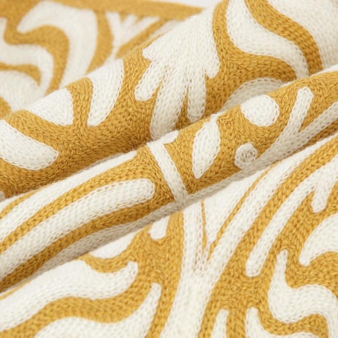 HWY 50 Mustard Yellow Decorative Lumbar Pillow Cover Rectangle 12x20 Inch (1 Piece), Embroidered Cotton Farmhouse Cushion Cover Pillow Case for Sofa Couch Living Room Bed, Minimalist Floral