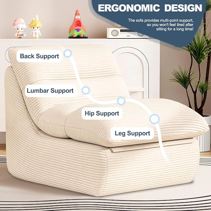 Misolant Bean Bag Chairs，Big Corduroy Fabric Sofa Bean Bag Chair for Adults and Teens with High-Resilience Sponge, Non-Slip Base Floor Lounge Sofa for Home, Living Room, Bedroom, Gaming Beige White