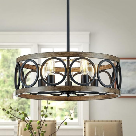 XINGQI 21.7'' Modern Chandelier, Farmhouse Drum Chandeliers for Dining Room Living Room Bedroom 5-Light Pendant Lighting Round Black Metal Antique Wood Grain Finish Adjustable