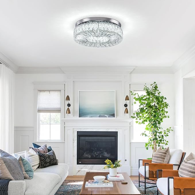 16.5" Crystal Chandelier LED Modern Flush Mount Ceiling Light Fixtures Round Ring Luxury Large Chandelier for Living Room Bedroom Dining Room Entrance (Cool white-16.5")