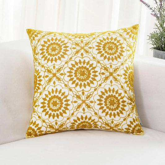 HWY 50 Yellow Decorative Throw Pillow Covers 18x18 Inch (1 Piece), Embroidered Cotton Farmhouse Cushion Cover Pillow Case for Sofa Couch Living Room Bed, Little Sunflower