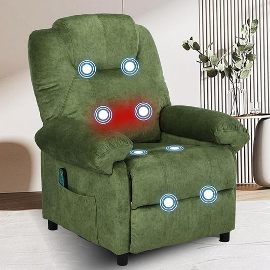 KCREAM Green Massage Recliner Chair, Small Recliners for Small Spaces, Overstuffed Recliners Living Room Chairs for Adults Fabric Manual Recliner Chairs with Heating Single Sofa Chair
