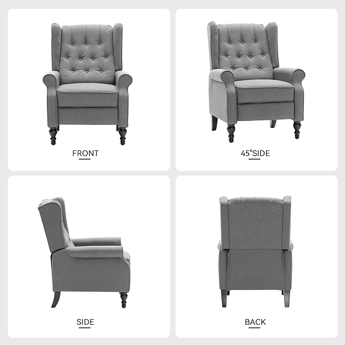Mid Century Wingback Recliner Chair for Adults, Modern Linen Fabric Push Back Recliner Chairs with Button Tufted Upholstered Back & Footrest, Manual Recliner Chais for Living Room, Nursery, Gray