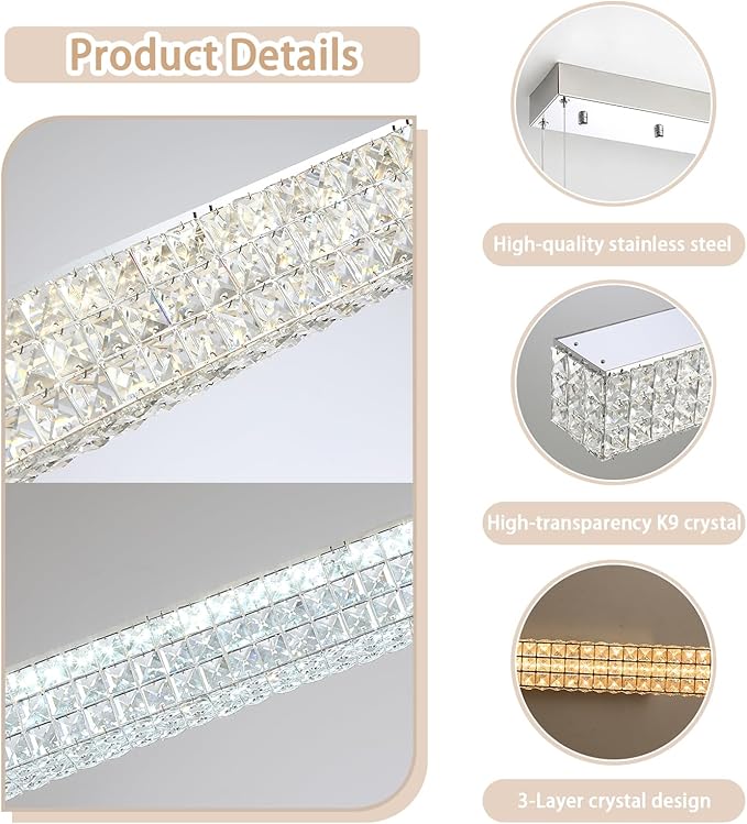 W48 Modern Rectangular Crystal Chandeliers Dining Room Chandelier,Silver Pendant Light Fixture with Remote Control for Living Room Kitchen Island