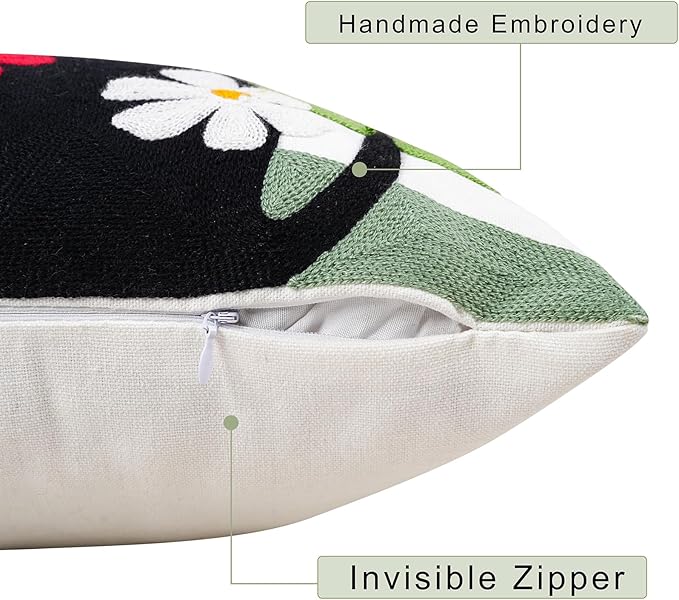 Merrycolor Embroidered Pillow Covers 18x18 Black Cat and Flower Pattern Halloween Decorative Throw Pillow Covers Comfortable Cotton Canvas Square Couch Cushion Cases for Sofa Bed Living Room Decor