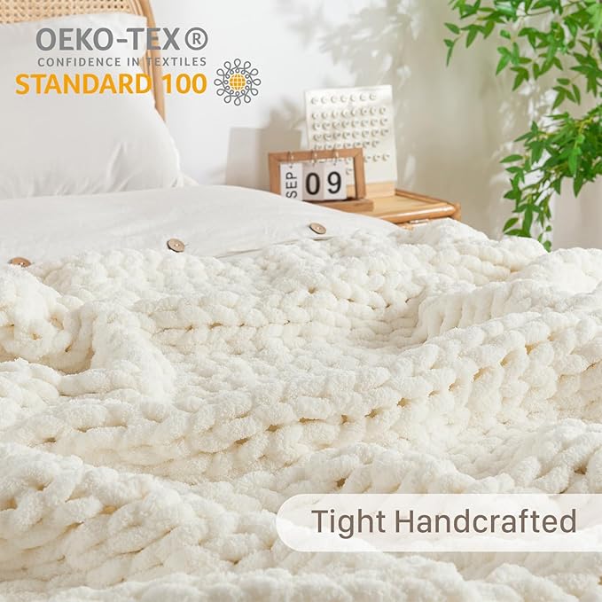 Chunky Knit Blanket Throw, 100% Hand Knit Throw Blanket Handmade Chenille Cable Knit Throw for Couch, Stylish Cozy Soft Rope Knot Crochet Blanket for Home Decor, Ivory, 60x80 Inches