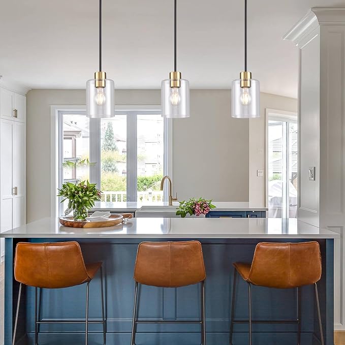 Black Brass Pendant Lights Kitchen Island - Clear Glass Pendant Light Fixture Multiple Stems Rods 3 Units 12 Inch 3 Units 4 Inch (1 Pack Black Brass Downrod)