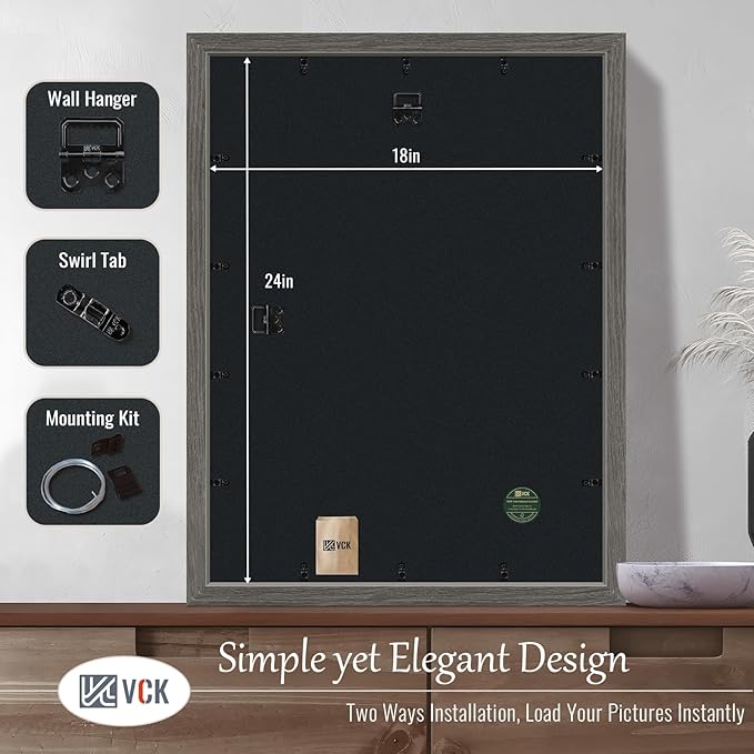 VCK 18x24 Frame Set of 3, Gray Solid Wood Poster Picture Frame, Exclusive Wood Grain, Wall Gallery Frame