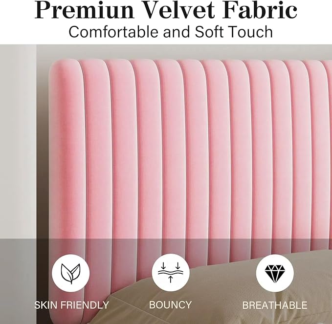 King Size Bed Frame with Headboard, Velvet Upholstered Platform Bed with Vertical Channel Tufted Design, No Box Spring Required, Easy Assembly, Pink