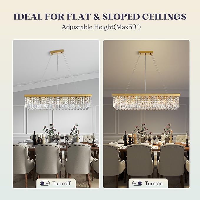 Modern Crystal Chandelier for Dining Room,Gold Luxury Crystal Chandelier,8 Lights Rectangular Rectangle Light Fixture for Living Room Kitchen Island L40''xW10''xH10''