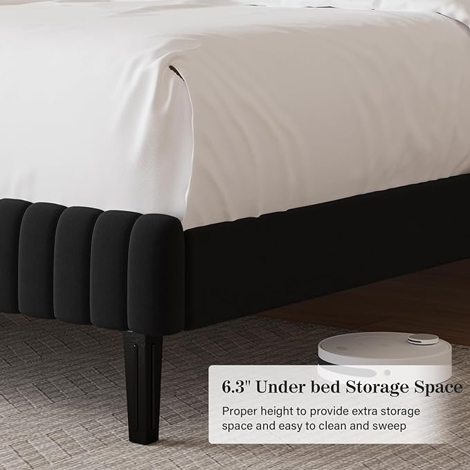 King Size Bed Frame, Velvet Upholstered Platform Bed with Vertical Channel Tufted Headboard and Footboard, No Box Spring Required, Easy Assembly, Black
