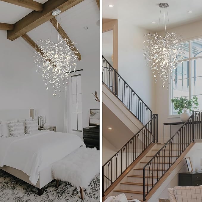 Silver Crystal Tree Branches Chandelier,21 Inchs 6 Lights Modern Round K9 Crystal Chandeliers for Dining Room, Bedroom, Living Room, Foyer,Kitchen Island,Bathroom