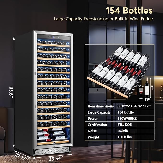 Tylza Upgraded 154 Bottles Wine Cooler Refrigerator, 24 Inch Tall Wine Fridge Built-in or Freestanding with Professional Compressor, Low Noise Fast Cooling and Intelligent Temperature Memory