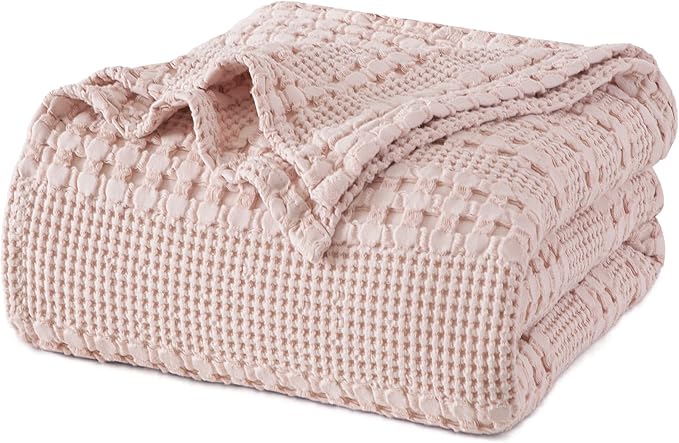 PHF 100% Cotton Waffle Weave Blanket Twin Size, Soft Lightweight Breathable Cozy Summer Blankets for Bed, Luxury Aesthetic Woven Bedding for Home Decor, 66"x90", Pink/Mauve