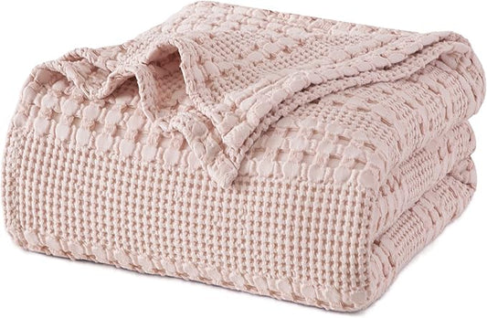 PHF 100% Cotton Waffle Weave Blanket Queen Size, Soft Lightweight Breathable Cozy Summer Blankets for Bed, Luxury Aesthetic Woven Bedding for Home Decor, 90"x90", Pink/Mauve