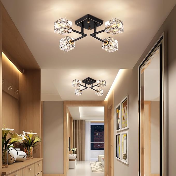 Modern Crystal Ceiling Light,Semi Flush Mount Ceiling Light Fixture with 4-Lights,Black and Gold Sputnik Chandeliers for Bedroom,Dining Room,Farmhouse Kitchen,Office,Entryway Hallway