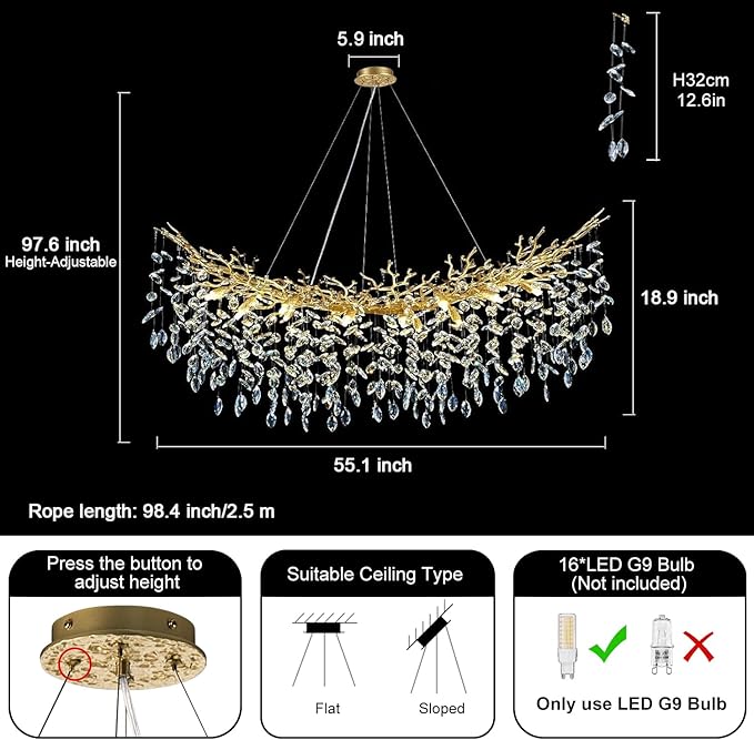 Modern Crystal Gold Chandelier, 55" Large Rectangular Oval Tree Branch Crystal Chandeliers for Dining Room,16-Light Flush Mount K9 Crystal Chandeliers, for Kitchen Island,Dining Room