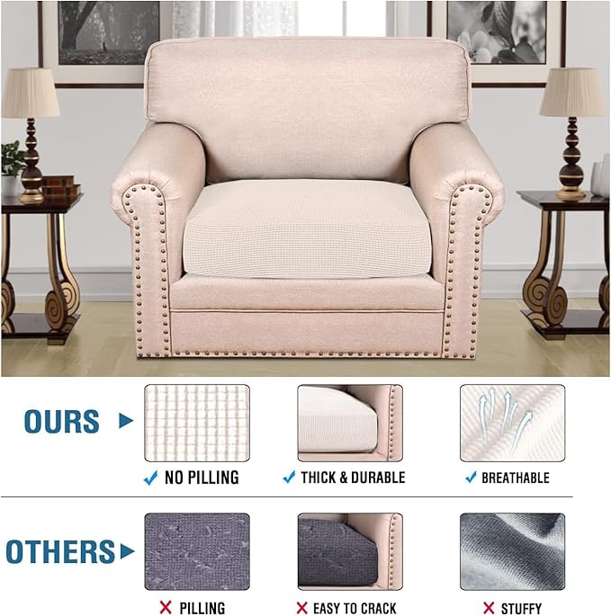 H.VERSAILTEX Super Stretch Individual Seat Cushion Covers Sofa Covers Couch Cushion Covers Slipcover Sets Thick Jacquard Textured Twill Fabric (1 Piece Chair Cushion Cover, Ivory)
