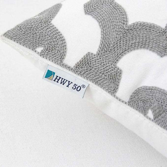 HWY 50 Grey Gray Decorative Throw Pillow Covers 18x18 Inch (1 Piece), Embroidered Cotton Farmhouse Cushion Cover Pillow Case for Sofa Couch Living Room Bed, Geometric