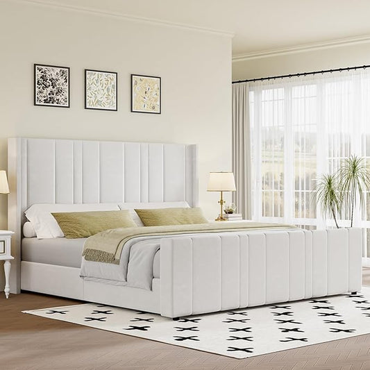 King Size Bed Frame and Headboard, Soft Velvet Upholstered Bed Frames with Vertical Channel Tufted Wingback Headboard & Footboard, Soft Bed Frame King, Noise Free, Easy Assembly, White