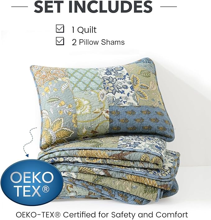 NEWLAKE Quilt Set Twin Size, 100% Cotton Patchwork Green Bohemian Quilt Sets, Reversible Bedspread Lightweight and Breathable for All Seasons, Soft Quilted Bedspread