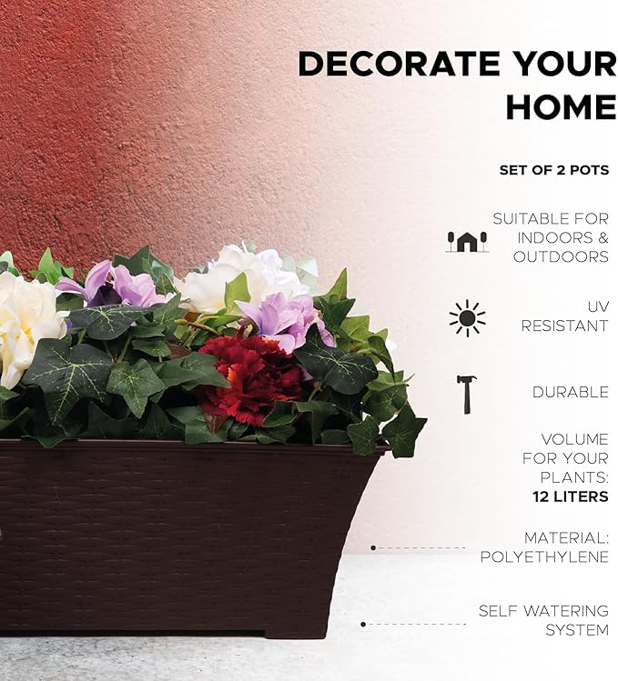 Elly Décor Set of 2 24x8 Rectangular Modern, Resistant and Self Watering Planter with Rattan-Like Finish, 24", Chocolate Brown