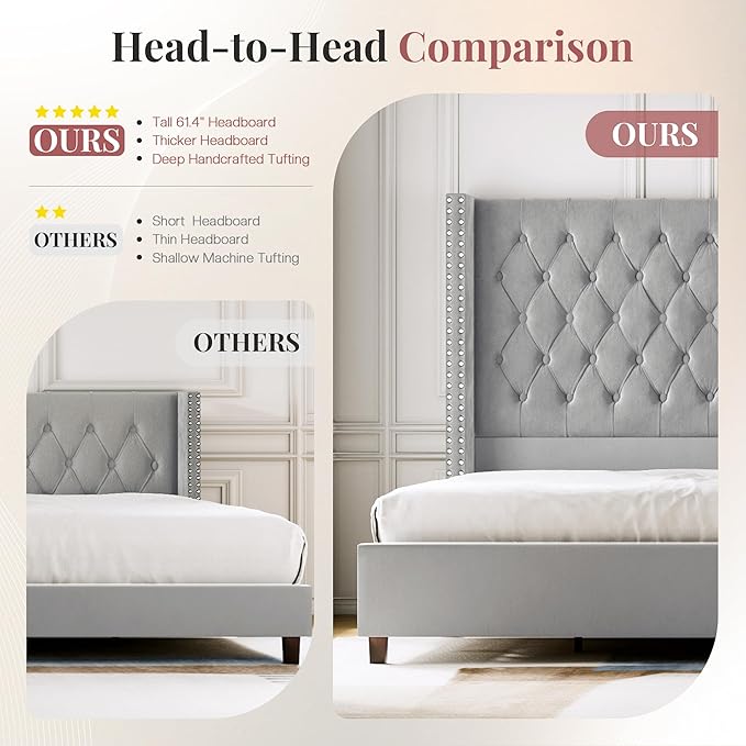 PaPaJet King Size Bed Frame with 61.4" Tall Headboard, Velvet Upholstered Platform and Handmade Deep Button Tufting, No Box Spring Required, Grey