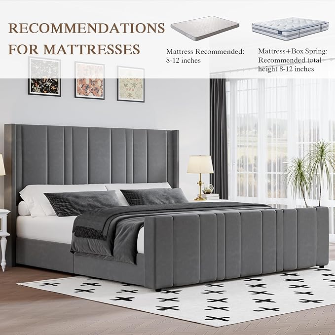 King Size Bed Frame and Headboard, Modern Velvet Upholstered Bed Frame with Vertical Channel Tufted Headboard & Footboard, Soft Bed Frame King, Noise Free, No Box Spring Needed, Easy Assembly, Grey