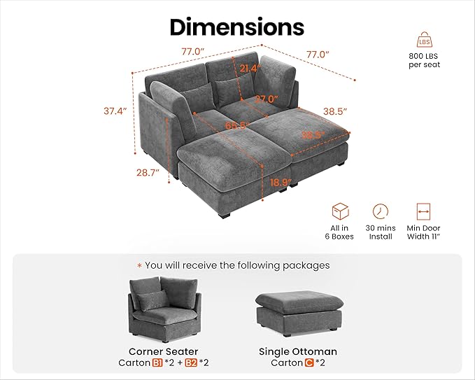 Oversized Modular Sofa, Extra Deep Cloud Chenille Sectional Couch with Ottoman Chaise, Fluffy Chenille 2 Seater Sofa Bed for Living Room, Villa (Sofa Bed 4 Seater, Chenille Grey)