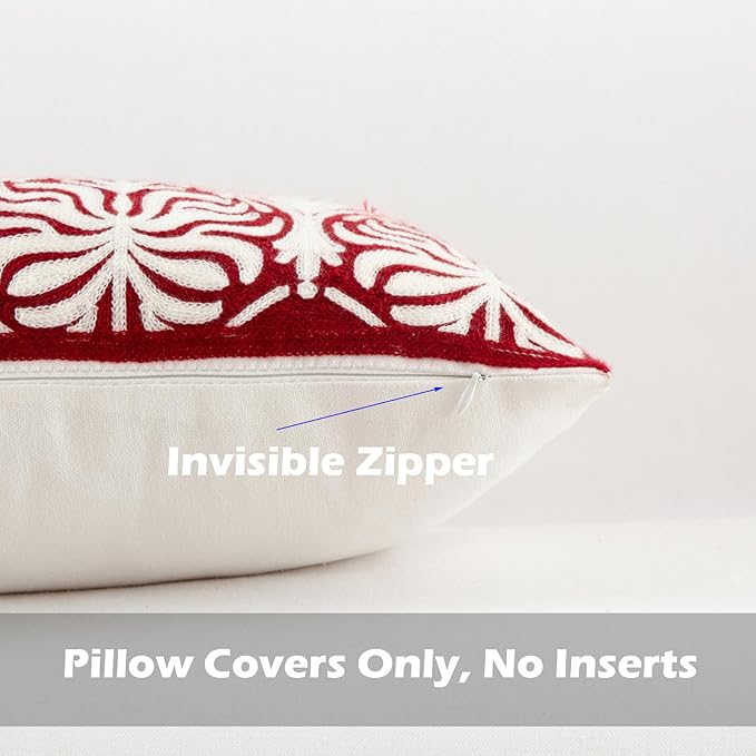 HWY 50 Burgundy Red Decorative Lumbar Pillow Cover Rectangle 12x20 Inch (1 Piece), Embroidered Cotton Farmhouse Cushion Cover Pillow Case for Sofa Couch Living Room Bed, Minimalist Floral