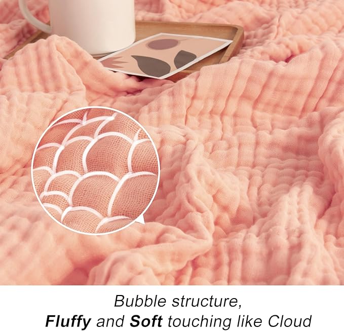 EMME Cotton Blanket Queen Size for Bed Soft Large Muslin Bed Blankets 90"x90" Lightweight Breathable All Season Gauze Blanket, Pink
