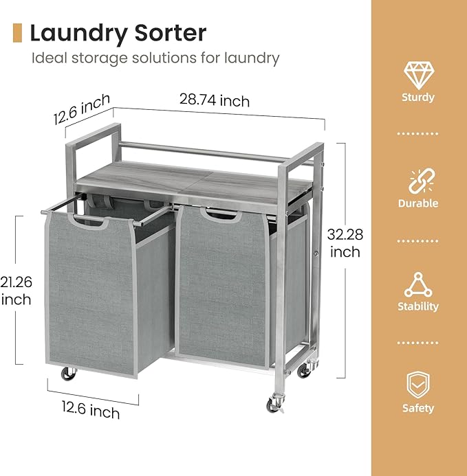 Laundry Hamper, Laundry Basket, Laundry Sorter with 3 Removable Bags, Clothes Basket with 3 Compartments, Wheels, Shelf for Laundry Room Bathroom Bedroom (2 Bags-Gray)