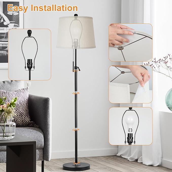 Floor Lamps for Living Room, Black Floor Lamp Adjustable Height Standing Lamp, Dimmable Modern Tall Floor Lamp for Bedroom Office with Beige Linen Shade, 8W 3000K Bulb Included