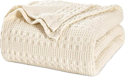 PHF 100% Cotton Waffle Weave Blanket Twin Size, Soft Lightweight Breathable Cozy Summer Blankets for Bed, Luxury Aesthetic Woven Bedding for Home Decor, 66"x90", Undyed
