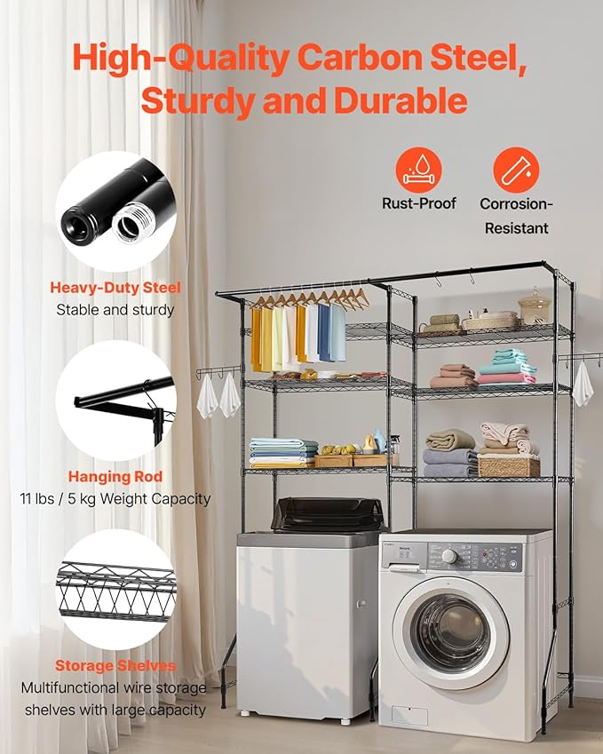 VEVOR Over The Washer and Dryer Storage Shelf, 6 Tier Laundry Room Drying Rack with Hanger Rod and Hooks, Adjustable Over Washer and Dryer Shelves, Laundry Room Shelf Storage Space Saver, Black