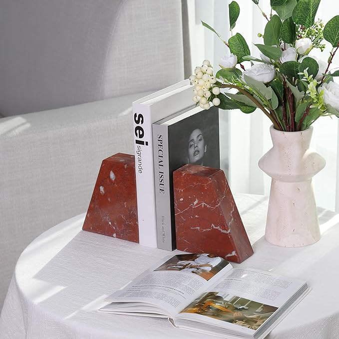 Marble Bookend for Heavy Books, Decorative Bookends for Shelves, 7.5LB Durable and Heavy-Duty Book End for Hardback Book & CDS, Unique Book Stopper & Holder, Rosso Francia, Set of 2