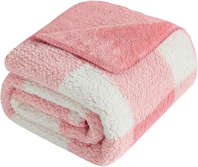LURKA Checkered Sherpa Fleece Twin-Size Bed Blanket - Extra Thick and Warm Winter Soft Fuzzy Plush Blanket for Couches, Beds & Pets, Powder Pink, 60x80 Inches