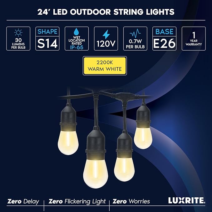 LUXRITE 24FT LED Outdoor String Lights, Commercial Grade Waterproof, 12 Edison S14 Shatterproof Bulbs, IP65, Decorative Hanging for Patio, Backyard, Garden, Cafe, Balcony
