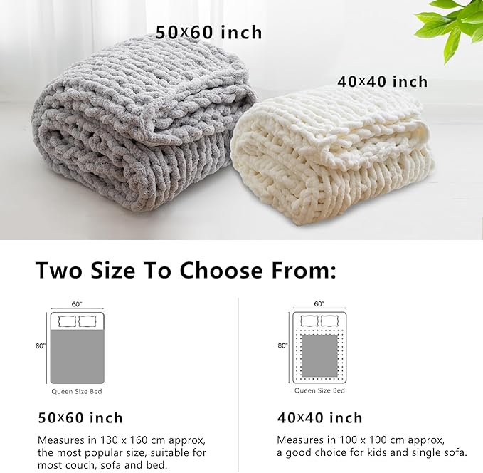 WESHIONGOO Chunky Knit Blanket Throw 40"×40" Knitted Throw Blankets for Couch Bed Fluffy Soft Blanket with Jumbo Chenille Yarn Thick 100% Handmade (Brown)